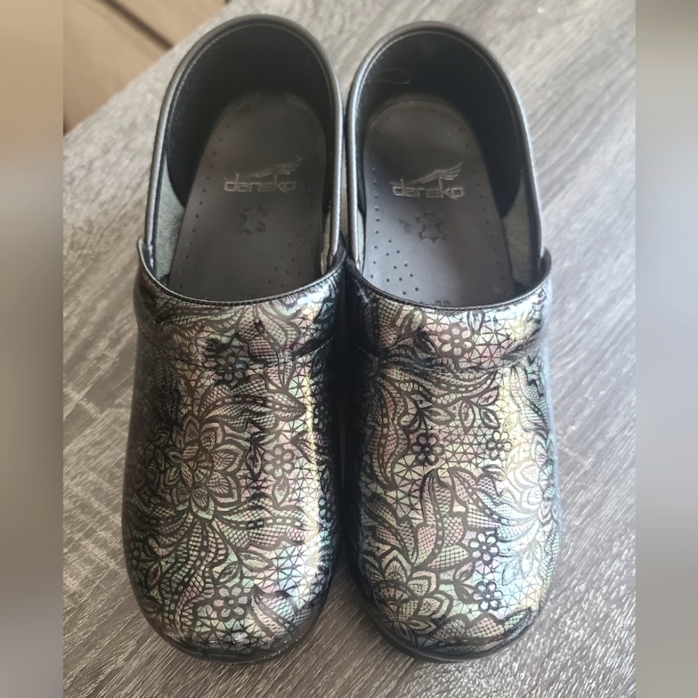 Dansko clogs black fluorescent floral lace nursing shoes.